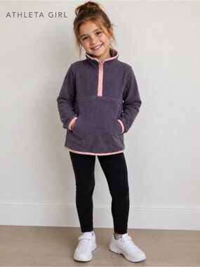 Athleta Girl Fleece Pullover Girls XS 6 Purple Pink Trim Thumb Holes Pockets